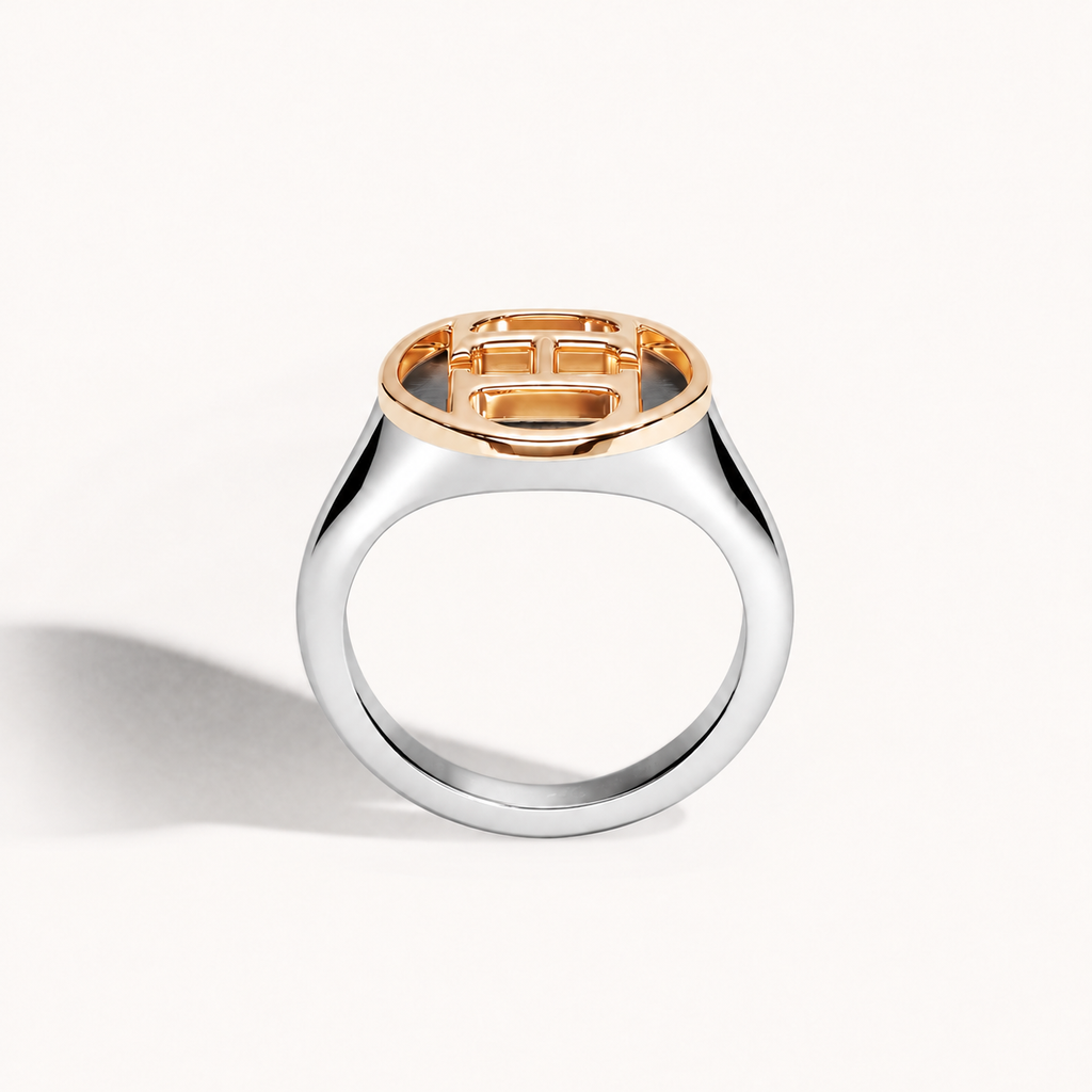 AHO Monogram Ring, polished sterling silver and 18K gold, back view
