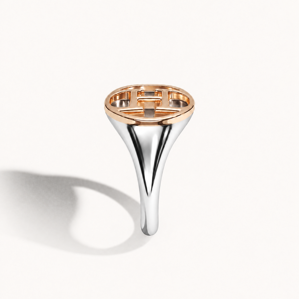 AHO Monogram Ring, polished sterling silver and 18K gold, side view