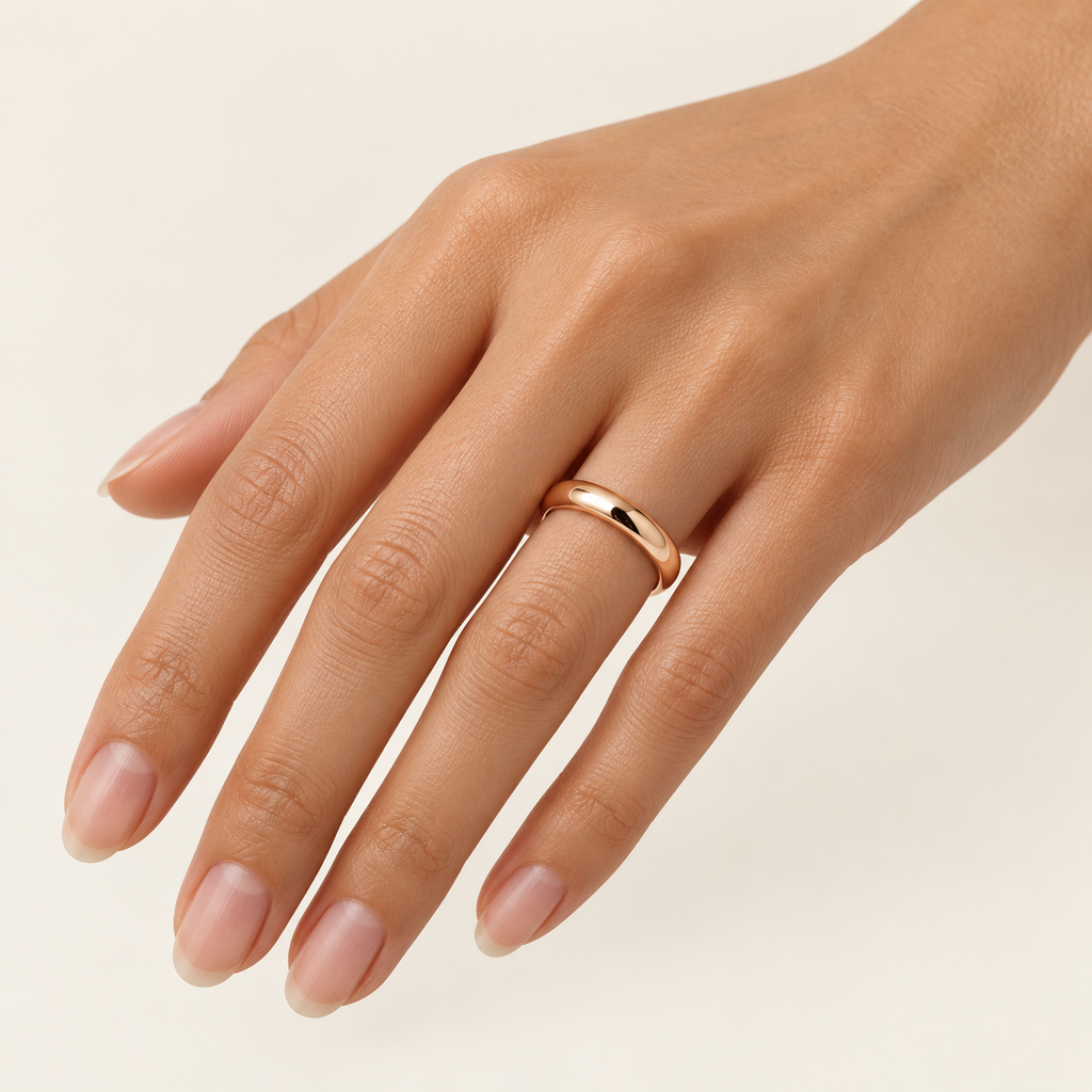 ARCADIA 4 mm — woman wearing an 18K rose gold wedding band, AI model illustration