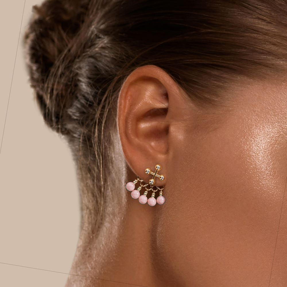 Barbelle Backdrop Ear Studs – Pink Opal – on-model