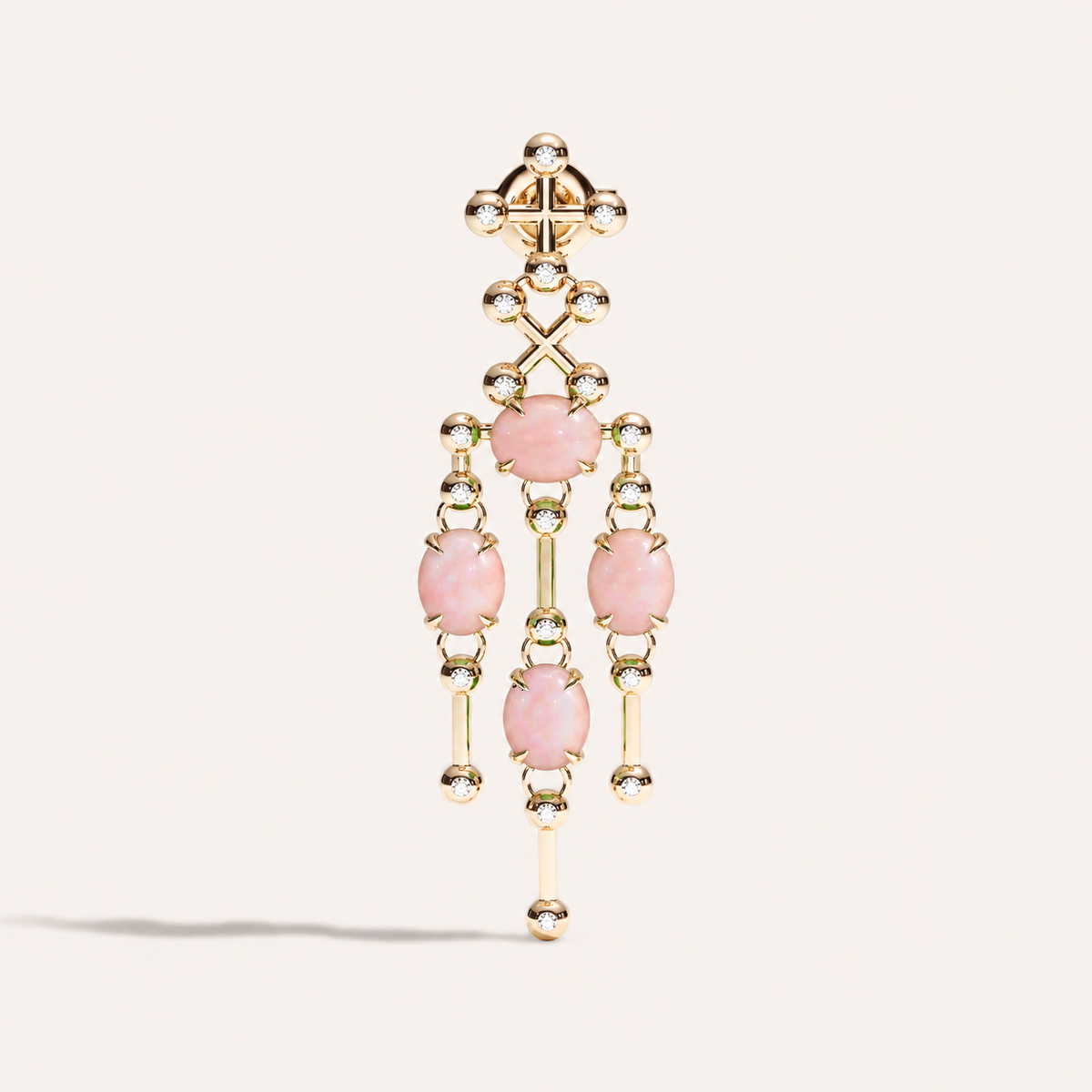 Barbelle Chandelier Ear Pendants — Pink Opal, front view