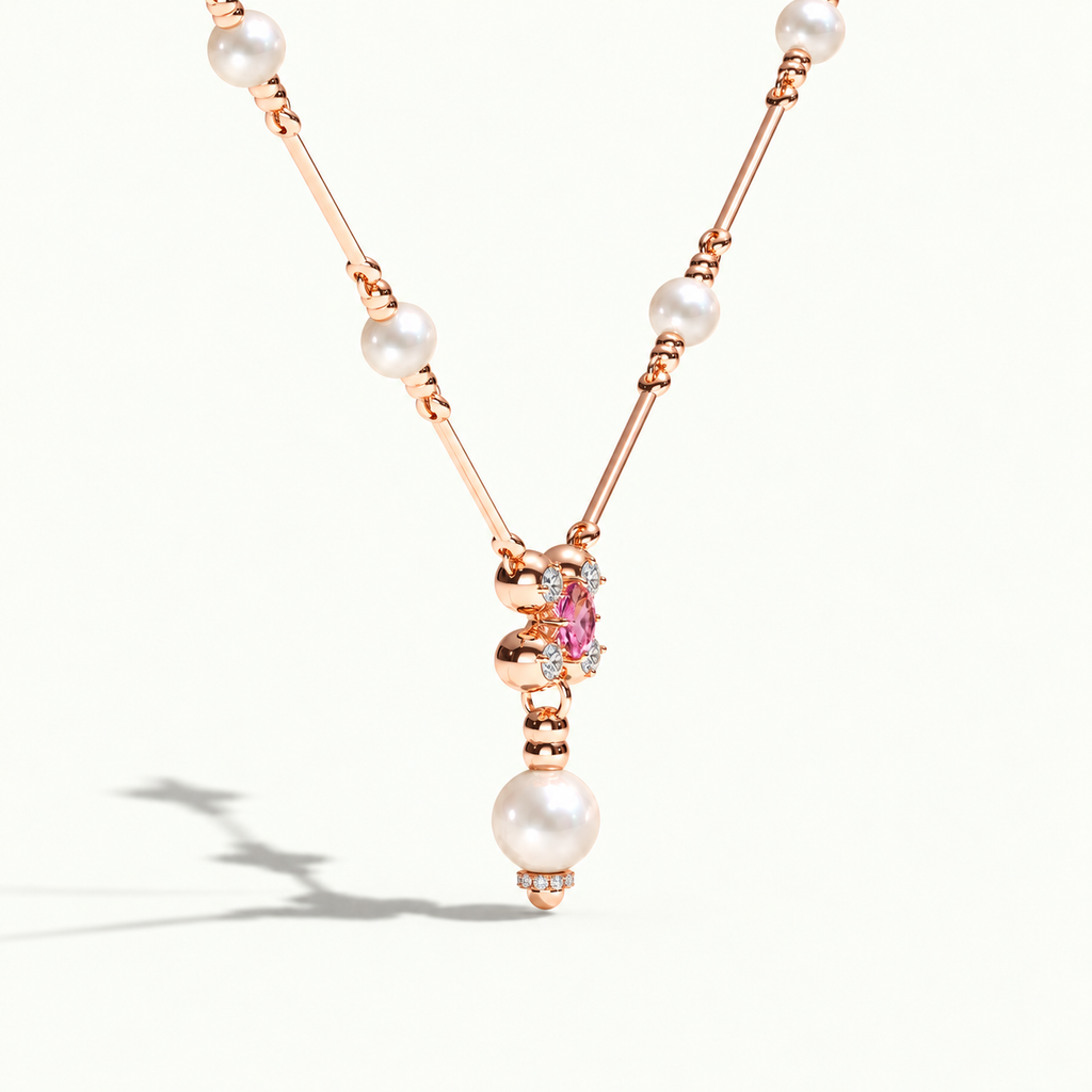AI-rendered Barbelle rose gold necklace with white South Sea pearls, pink tourmaline and diamonds, based on original P1 — angled view with strong cast shadow