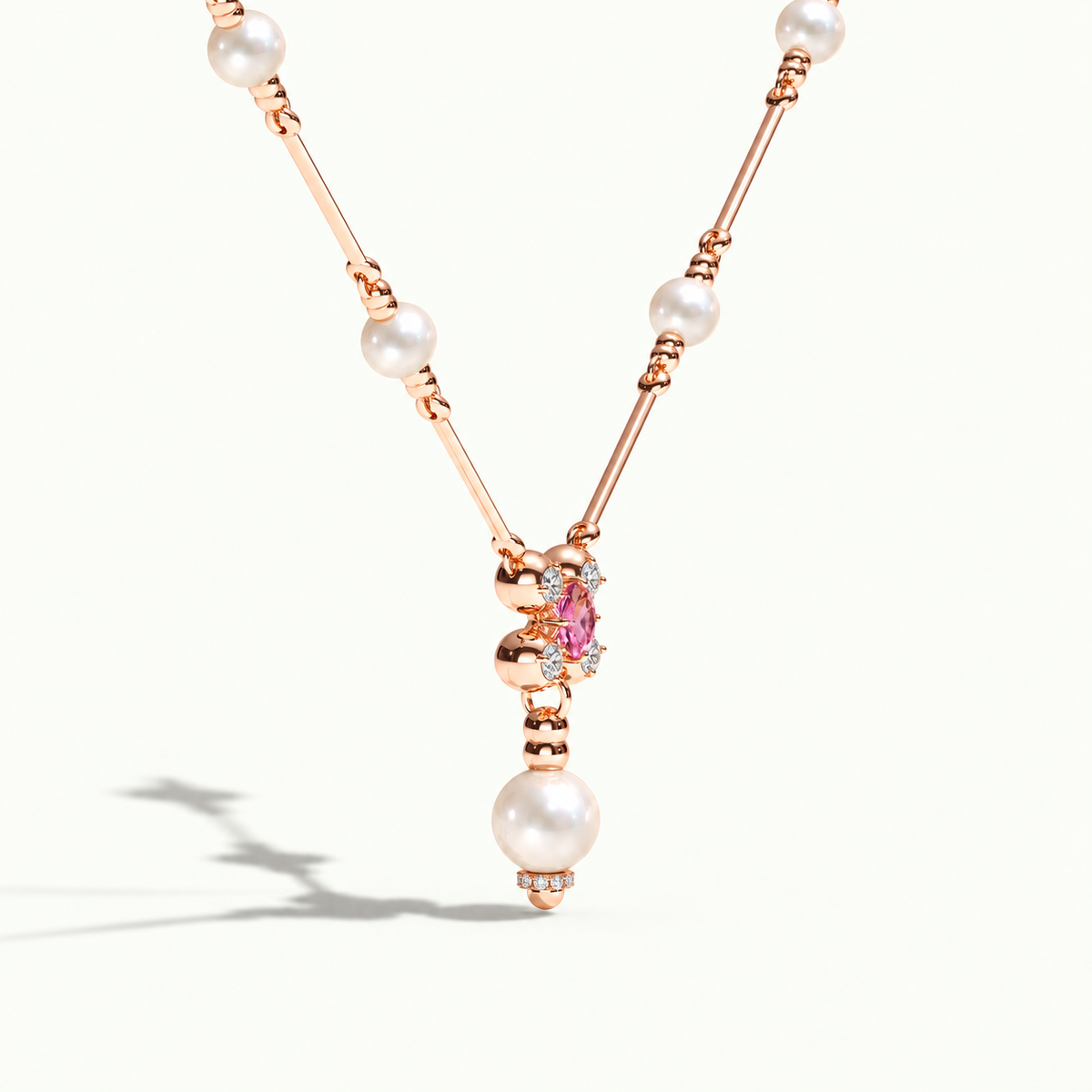 AI-rendered Barbelle rose gold necklace with white South Sea pearls, pink tourmaline and diamonds, based on original P1 — angled view with strong cast shadow