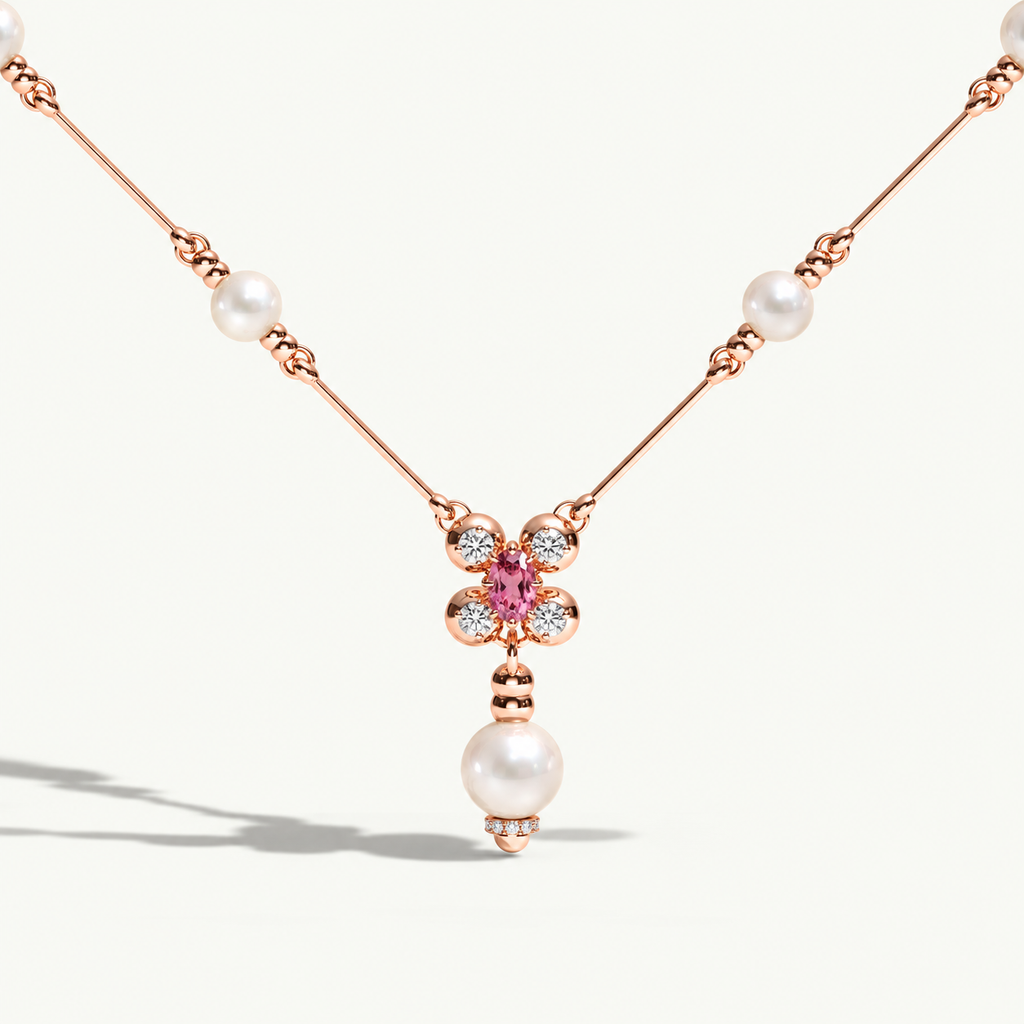 AI-rendered Barbelle rose gold necklace with white South Sea pearls, pink tourmaline and diamonds, based on original P0 — strong cast shadow