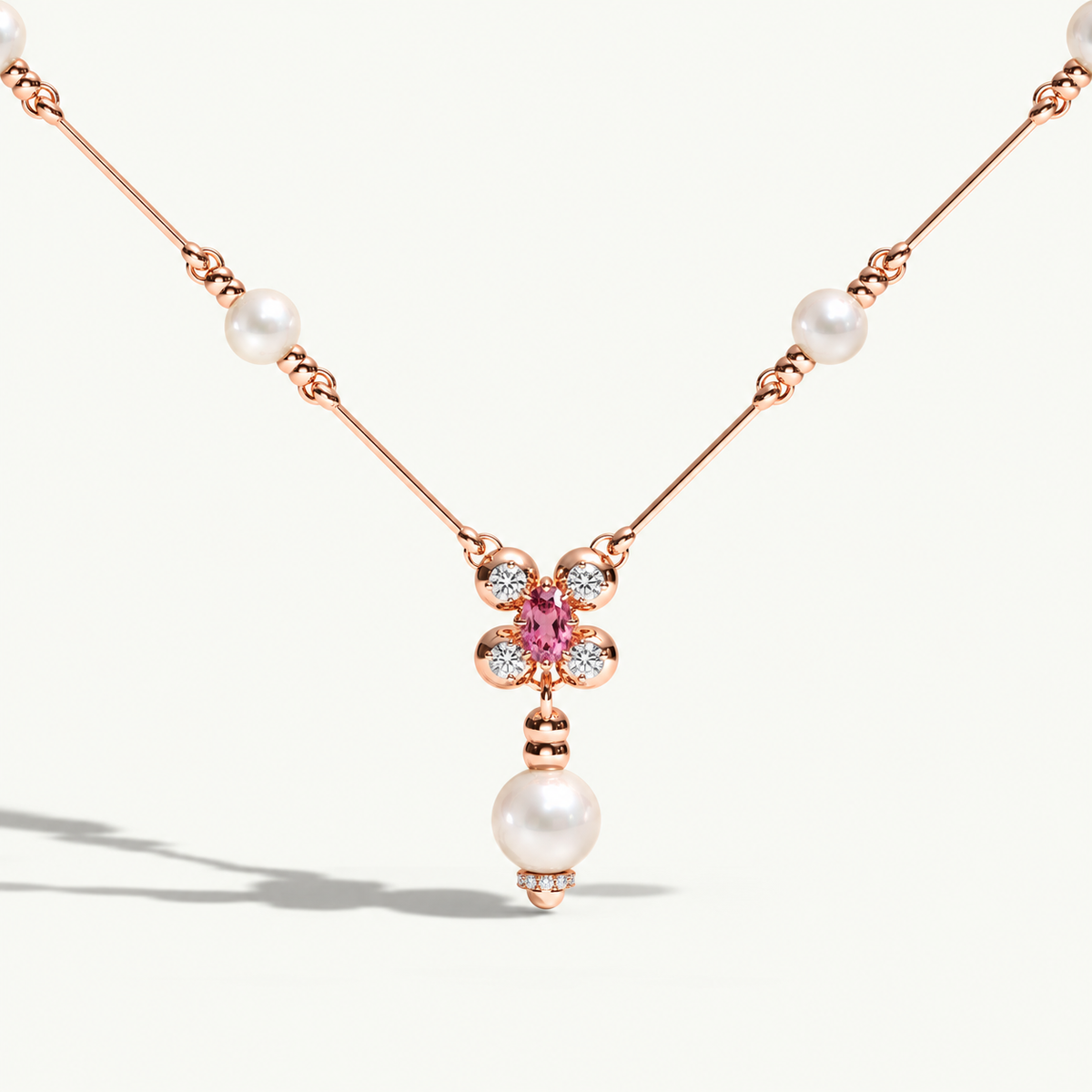 AI-rendered Barbelle rose gold necklace with white South Sea pearls, pink tourmaline and diamonds, based on original P0 — strong cast shadow