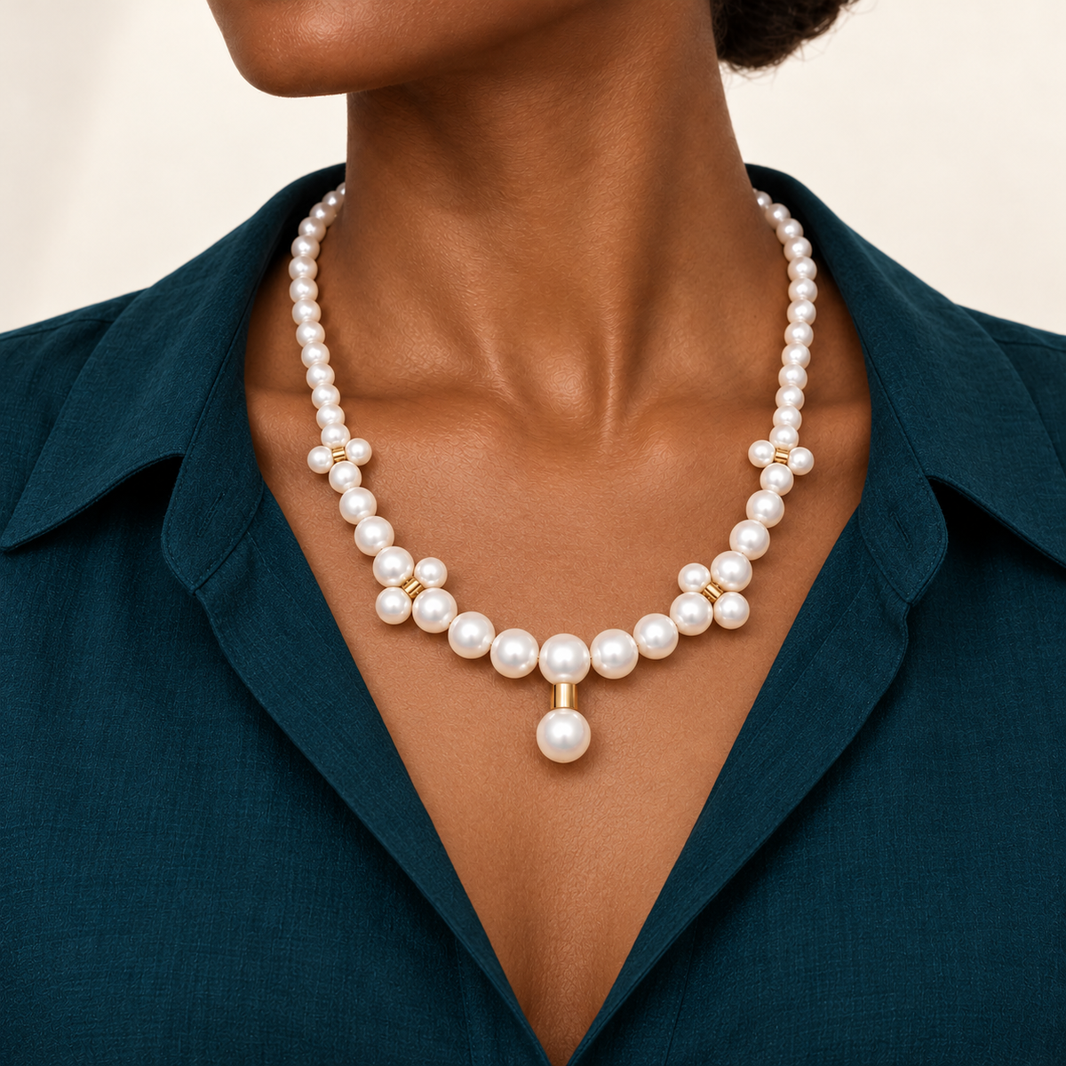 The Barbelle Pearl Necklace resting on skin, worn with an open deep teal cotton blouse