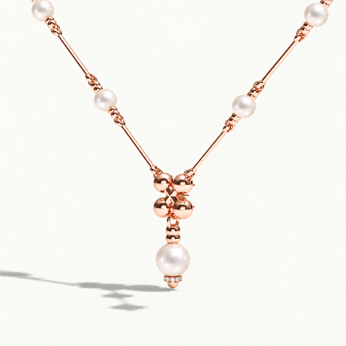 AI-rendered Barbelle rose gold necklace with white South Sea pearls — rear view P3