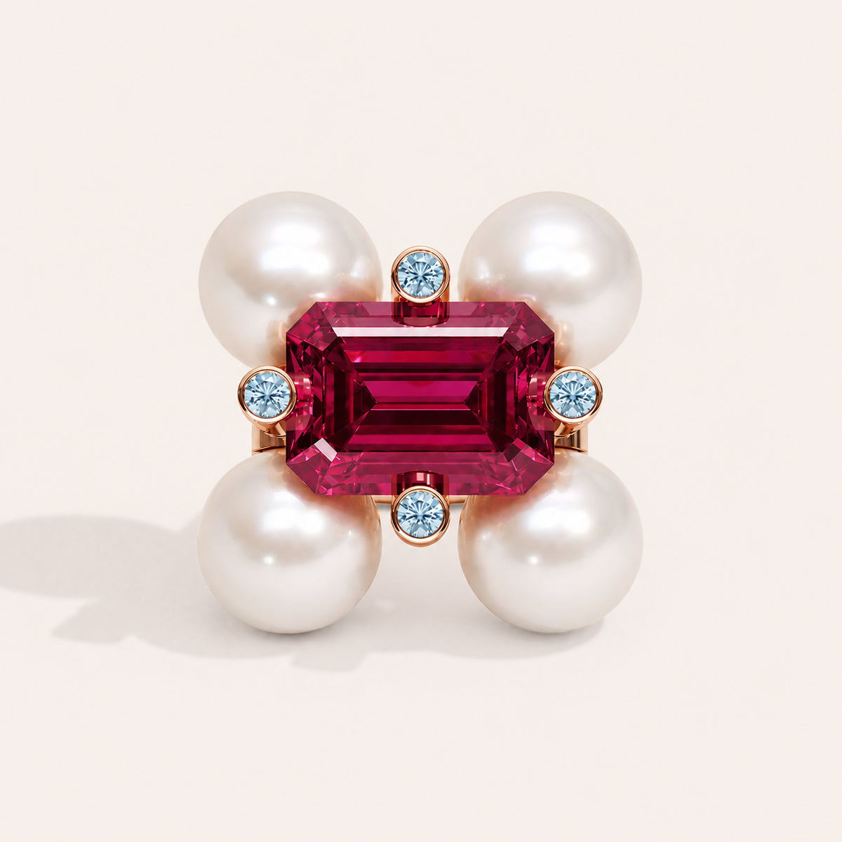 Barbelle rubellite, South Sea pearls and ice-blue diamonds — front view