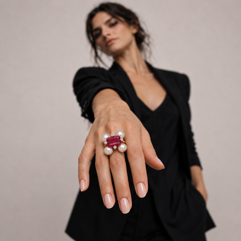 Barbelle rubellite, South Sea pearls and ice-blue diamonds — worn on hand