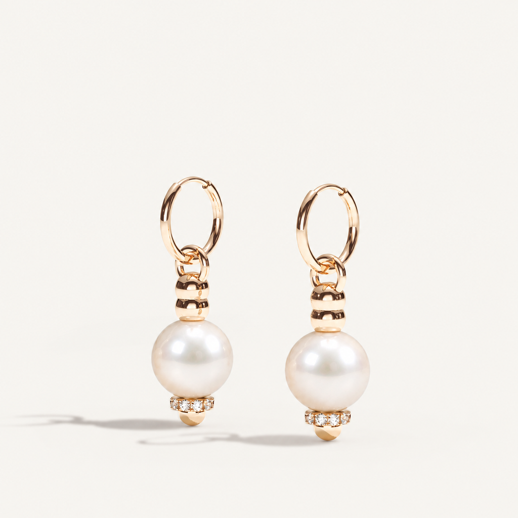 Barbelle Creole Ear Pendants – South Sea pearls, rose gold and diamonds. Angled view. Product visualization.