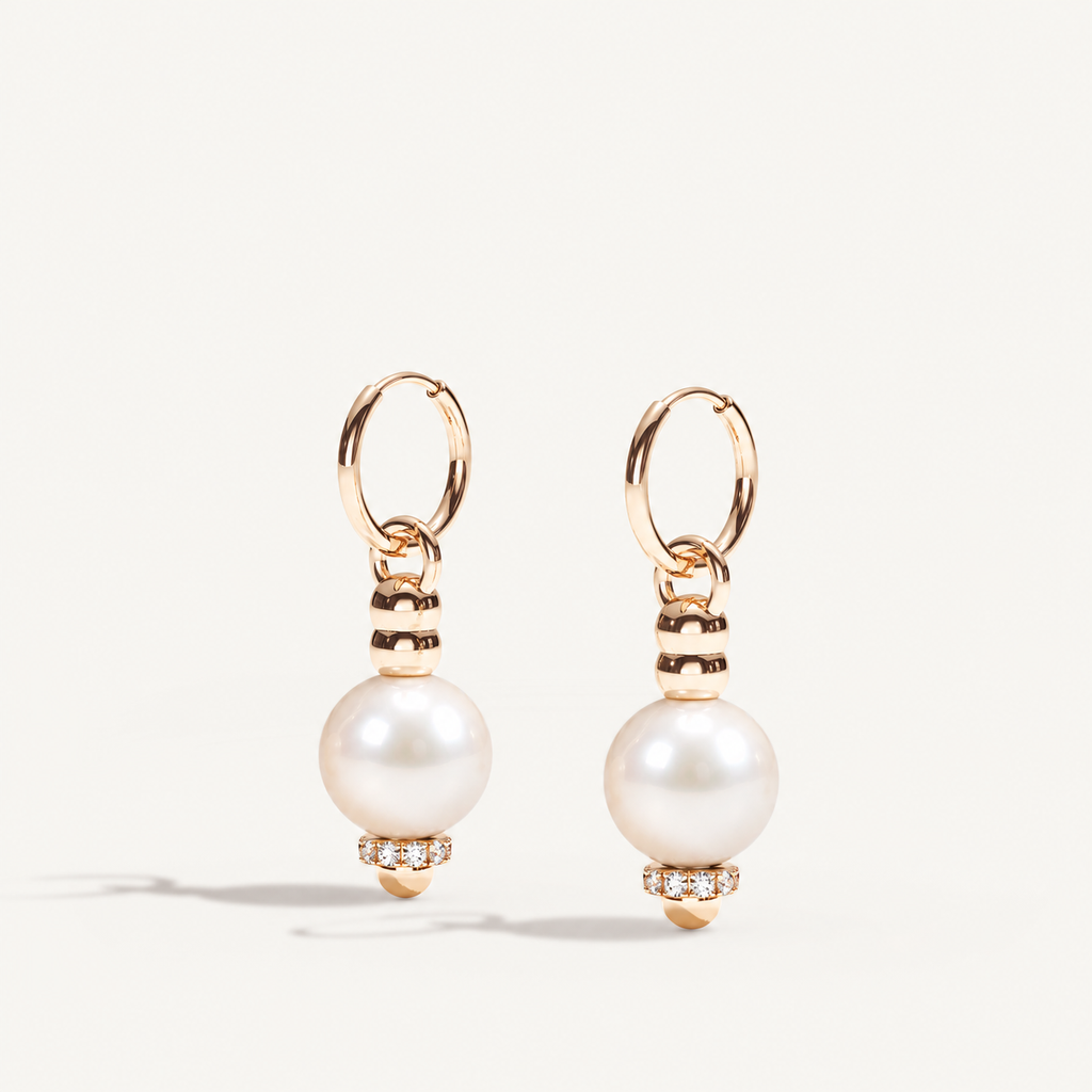 Barbelle Creole Ear Pendants – South Sea pearls, rose gold and diamonds. Alternate angled view. Product visualization.