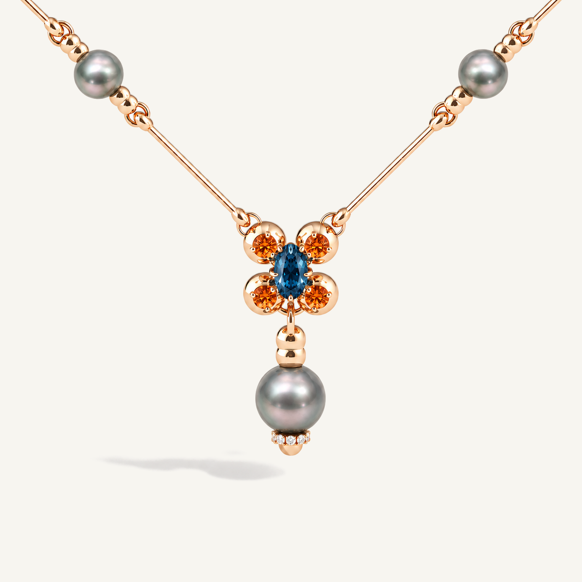 Barbelle Tahitian Pearl, London Blue Topaz & Mandarin Garnet Necklace