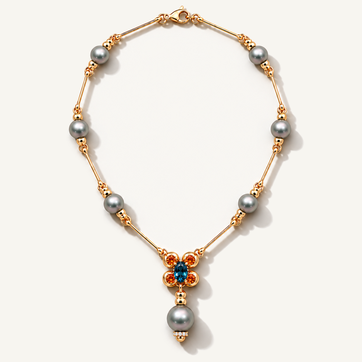 Barbelle necklace with grey Tahitian pearls, London blue topaz and mandarin garnets — full necklace
