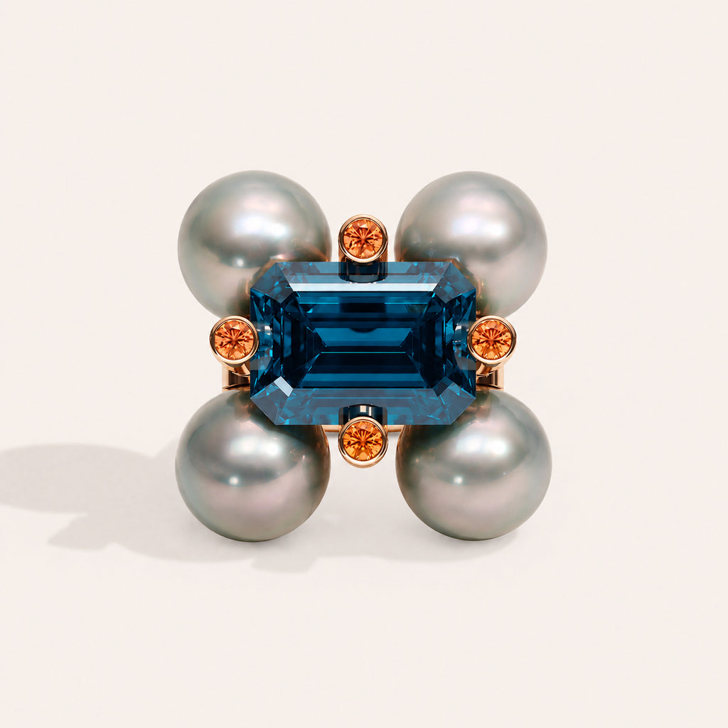 Barbelle London blue topaz, Tahitian pearls and mandarin garnets — front view