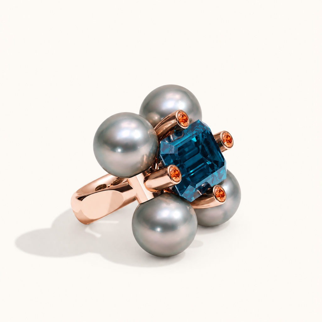 Barbelle London blue topaz, Tahitian pearls and mandarin garnets — three-quarter view