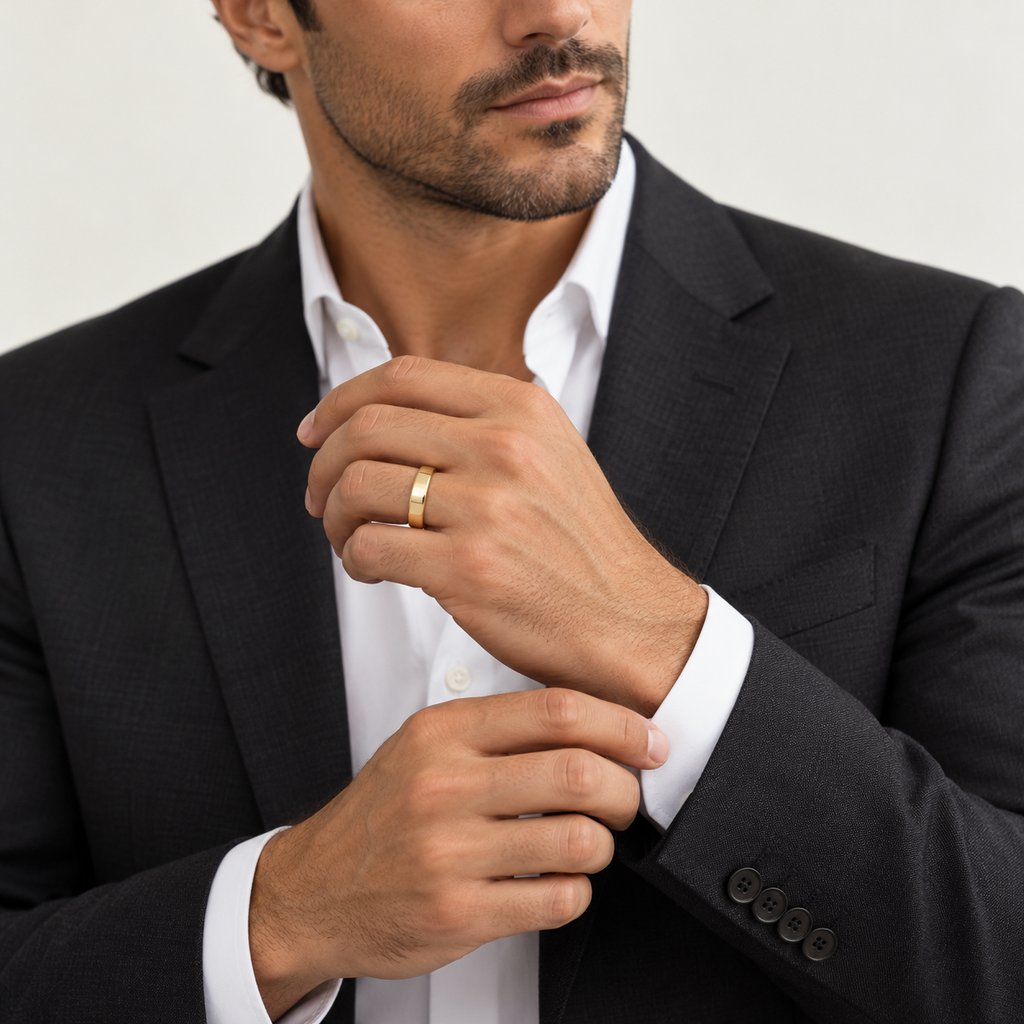 BASTION 5 mm — male model wearing an 18K yellow gold wedding band, AI model illustration