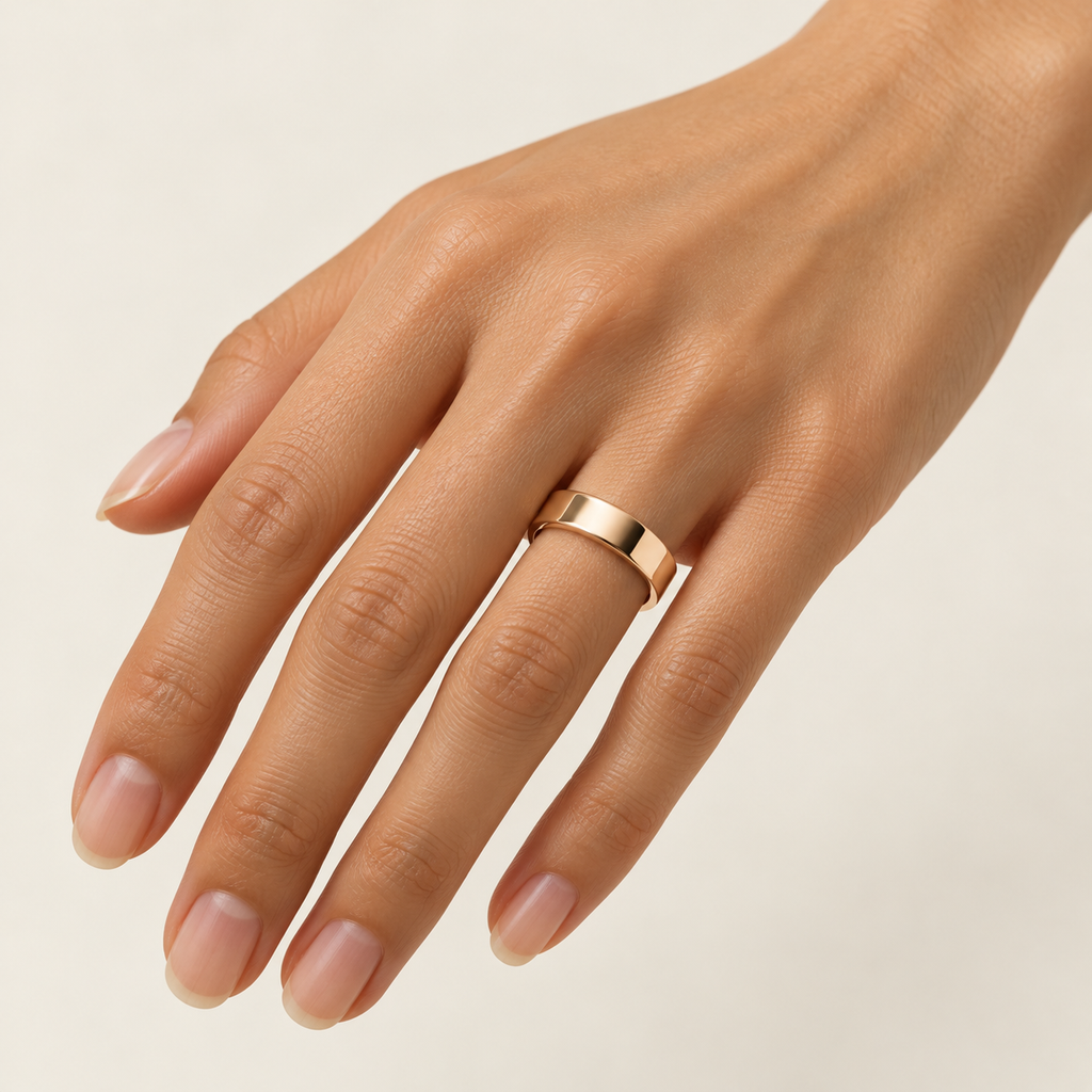 BASTION 6 mm — woman wearing an 18K rose gold wedding band, AI model illustration