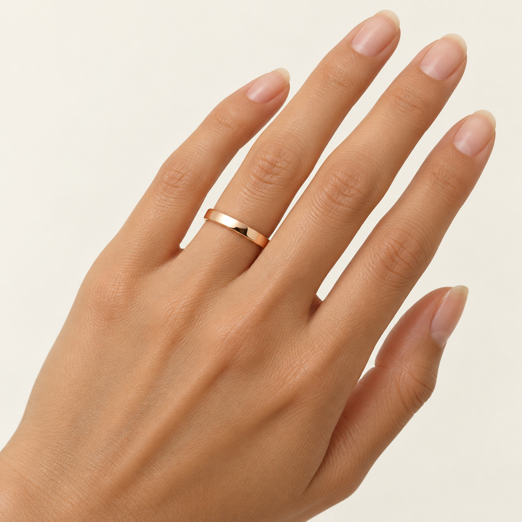 ECHELON 3 mm — woman wearing an 18K rose gold wedding band, AI model illustration