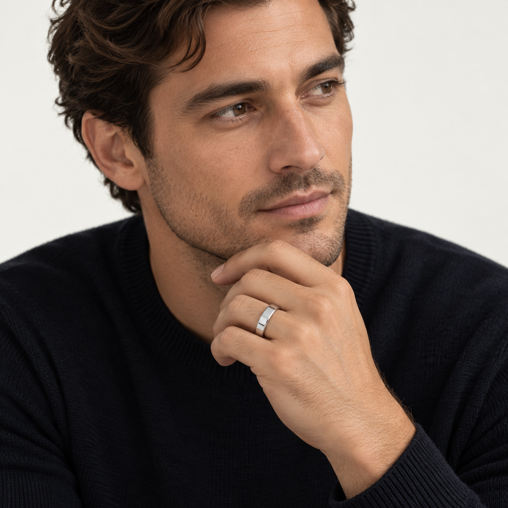 ECHELON 5 mm — male model wearing an 18K white gold wedding band, AI model illustration