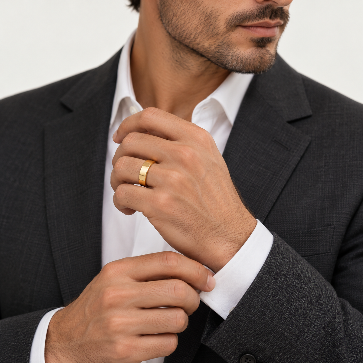 ECHELON 5 mm — male model wearing an 18K yellow gold wedding band, AI model illustration