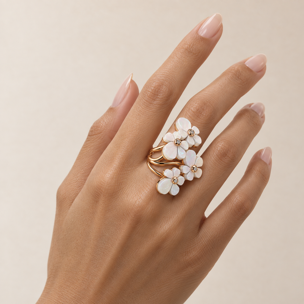 Gisela Mother of Pearl Tetra Ring in 18K gold with four mother-of-pearl flowers, worn on a hand with natural almond nails