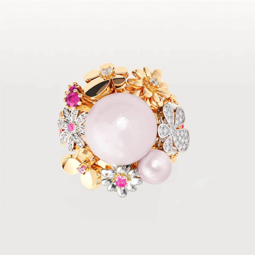 Pink Bouqet — ljusrosa sötvattenpärlor, rosa safirer, intensivt rosa emalj på sidorna, guldkronblad and vita diamanter