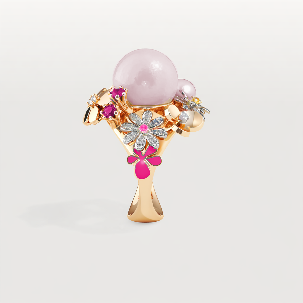 Pink Bouqet — vy 2 — blomblad i guld, intensivt rosa emalj på sidorna, ljusrosa sötvattenpärlor, rosa safirer and vita diamanter