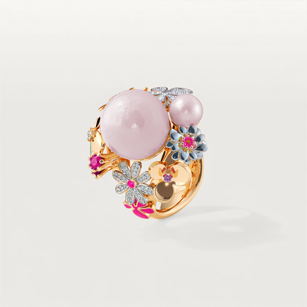 Pink Bouqet — vy 3 — blomblad i guld, intensivt rosa emalj på sidorna, ljusrosa sötvattenpärlor, rosa safirer and vita diamanter
