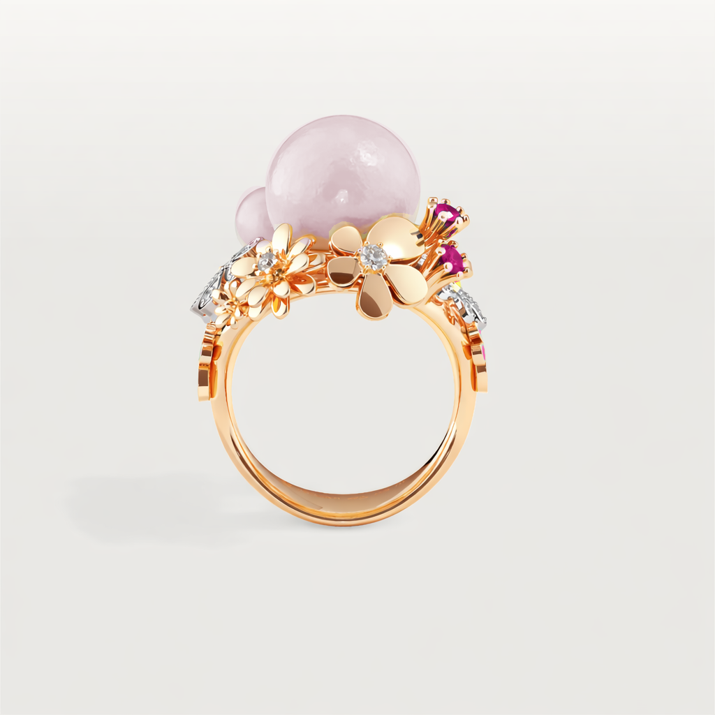 Pink Bouqet — vy 4 — blomblad i guld, intensivt rosa emalj på sidorna, ljusrosa sötvattenpärlor, rosa safirer and vita diamanter