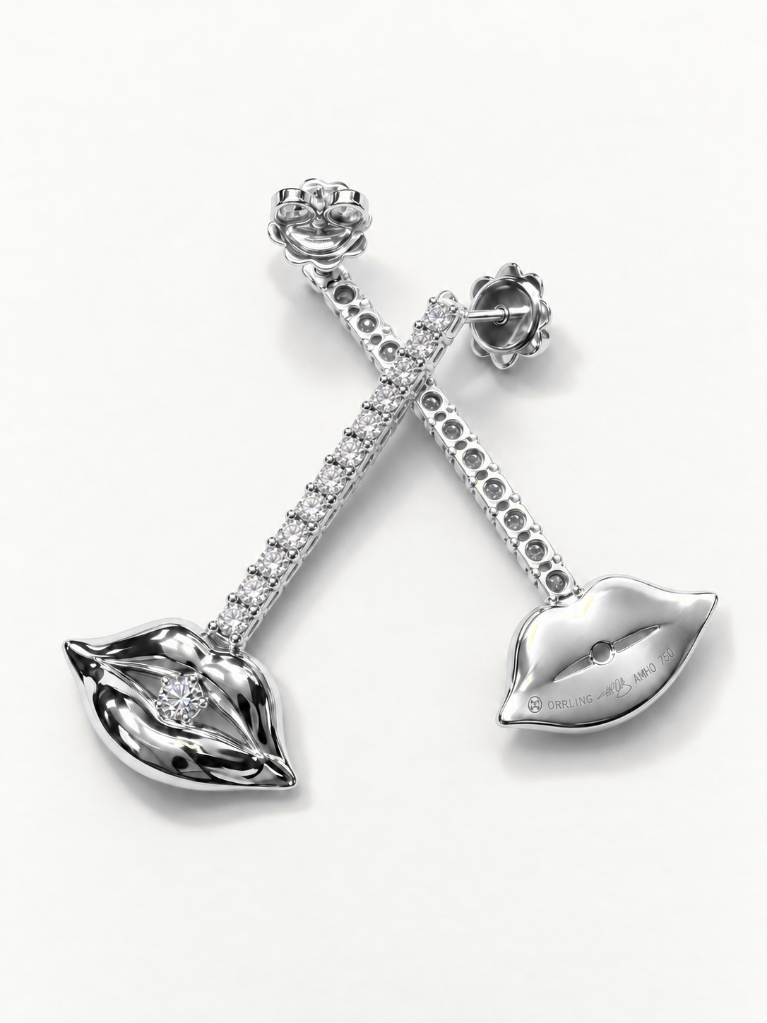 Grand Diamond Bite Chandelier – white gold pair, front and reverse with hallmarks