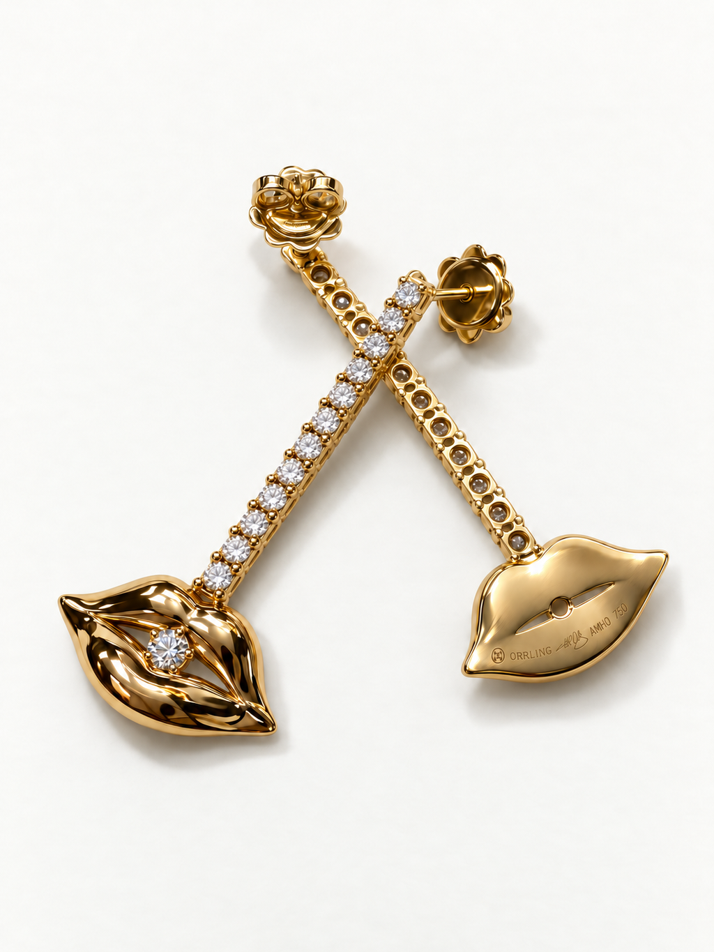 Grand Diamond Bite Chandelier – yellow gold pair, front and reverse with hallmarks