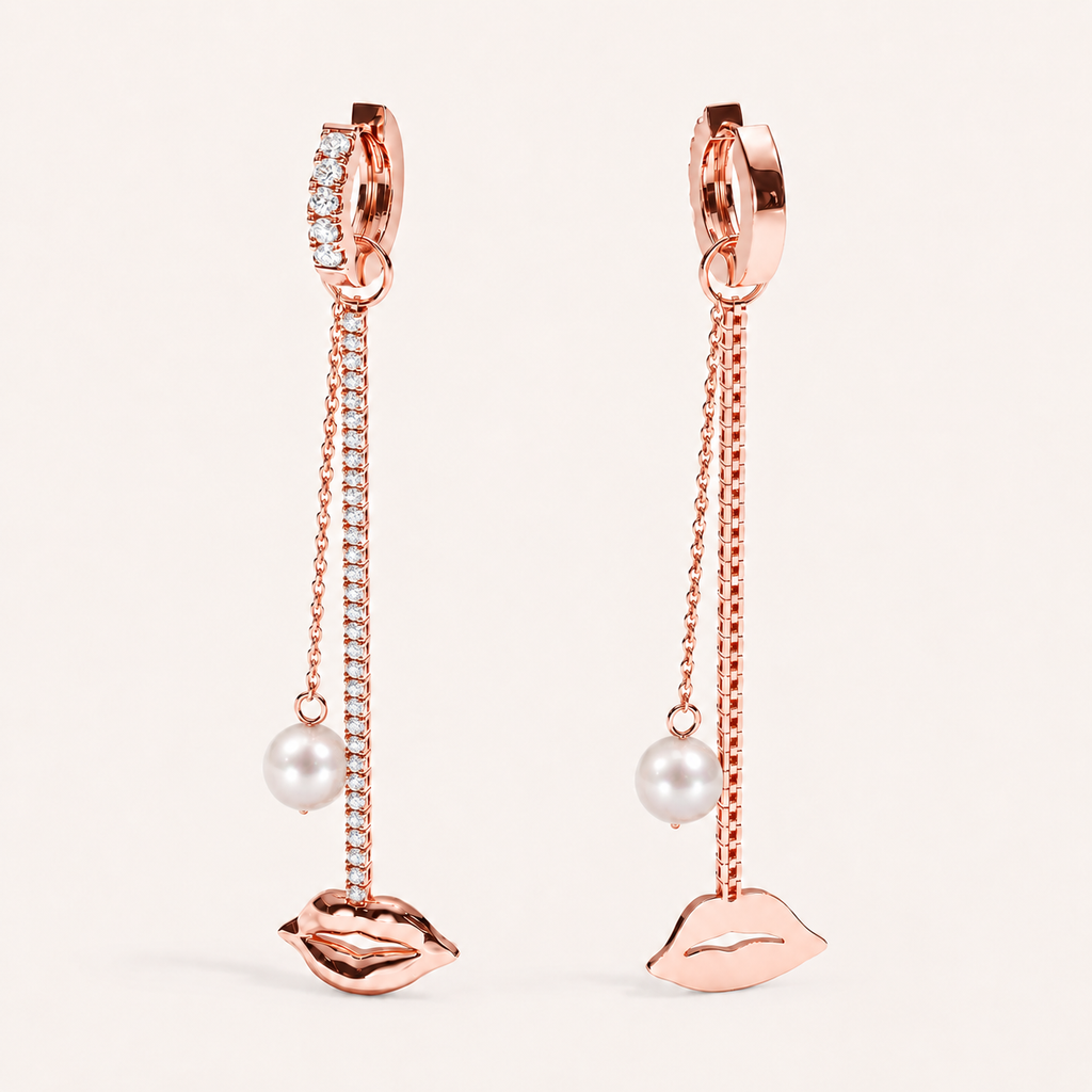 Just Lips Pearl Diamond Chandeliers in rose gold with white diamonds and white Akoya pearls — view 2