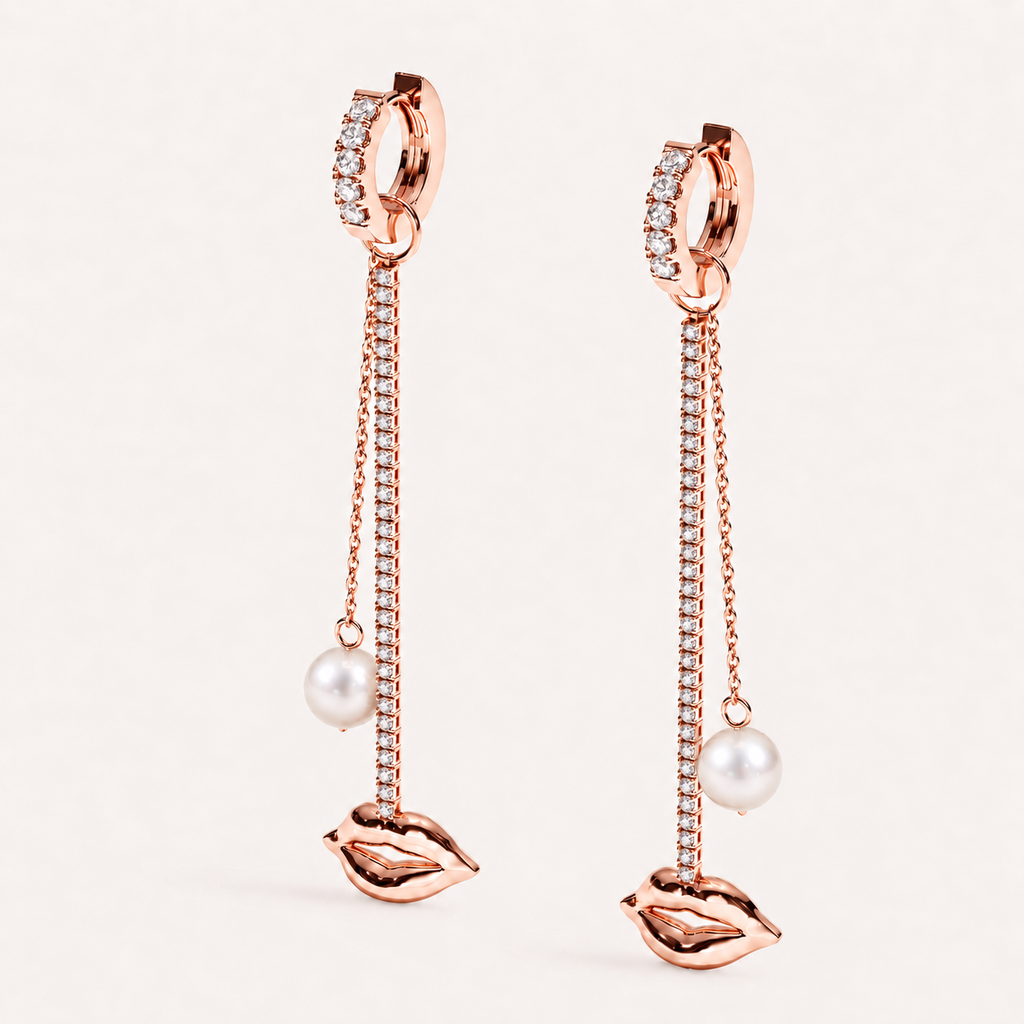 Just Lips Pearl Diamond Chandeliers in rose gold with white diamonds and white Akoya pearls — view 3