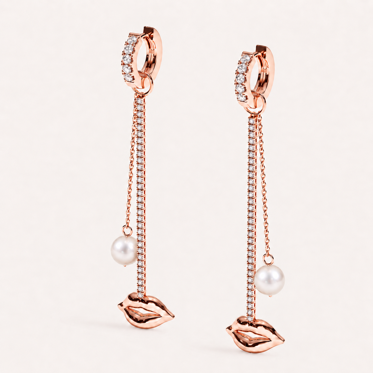 Just Lips Pearl Diamond Chandeliers in rose gold with white diamonds and white Akoya pearls — view 3