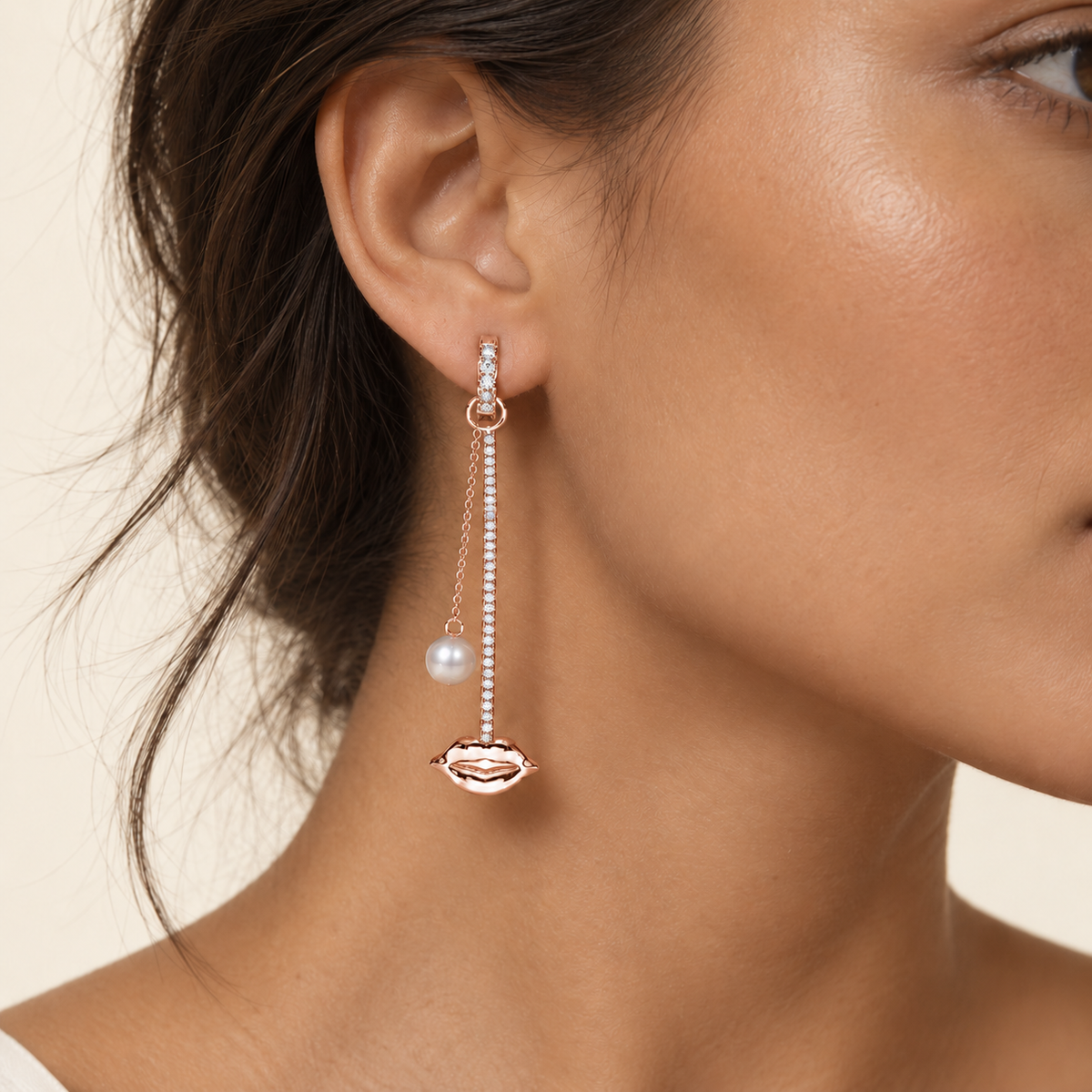Just Lips Pearl Diamond Chandeliers in rose gold with white diamonds and white Akoya pearls — worn on ear