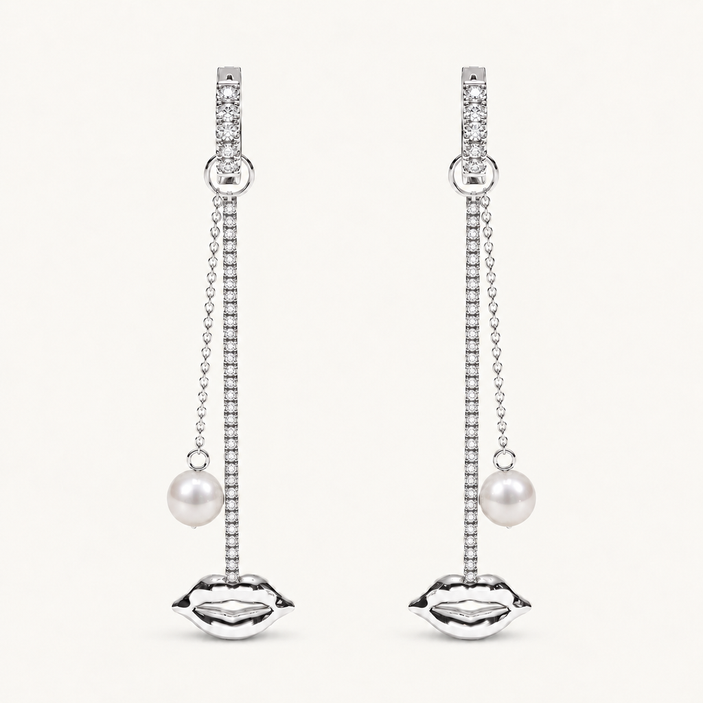 Just Lips Pearl Diamond Chandeliers in white gold with white diamonds and white Akoya pearls — view 1
