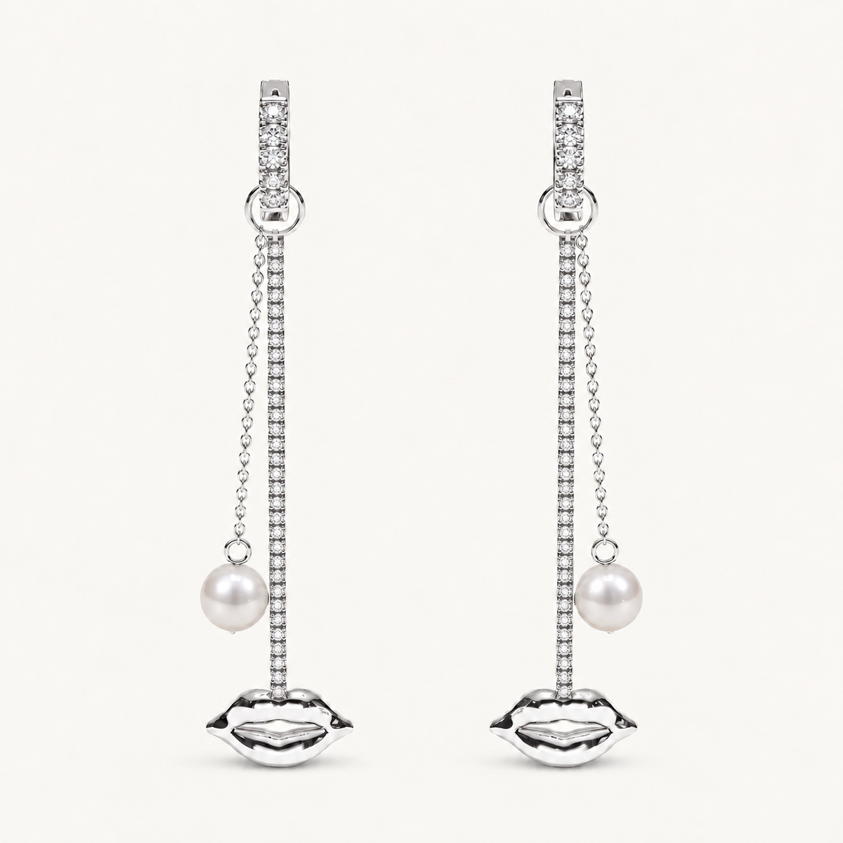 Just Lips Pearl Diamond Chandeliers in white gold with white diamonds and white Akoya pearls — view 1