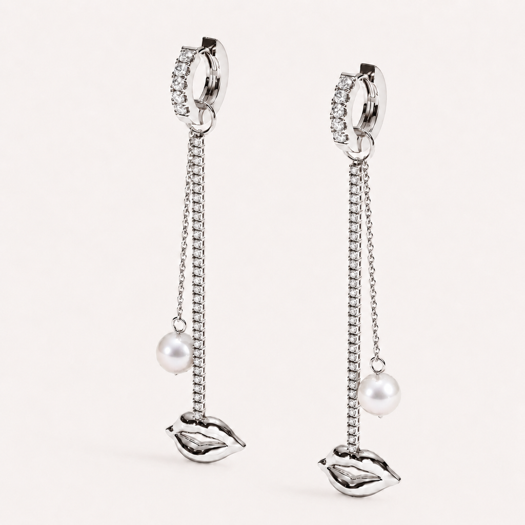 Just Lips Pearl Diamond Chandeliers in white gold with white diamonds and white Akoya pearls — view 3