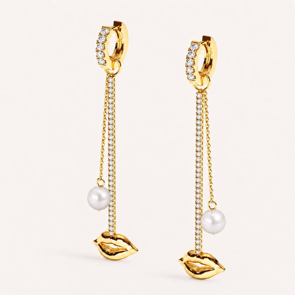 Just Lips Pearl Diamond Chandeliers in yellow gold with white diamonds and white Akoya pearls — view 3