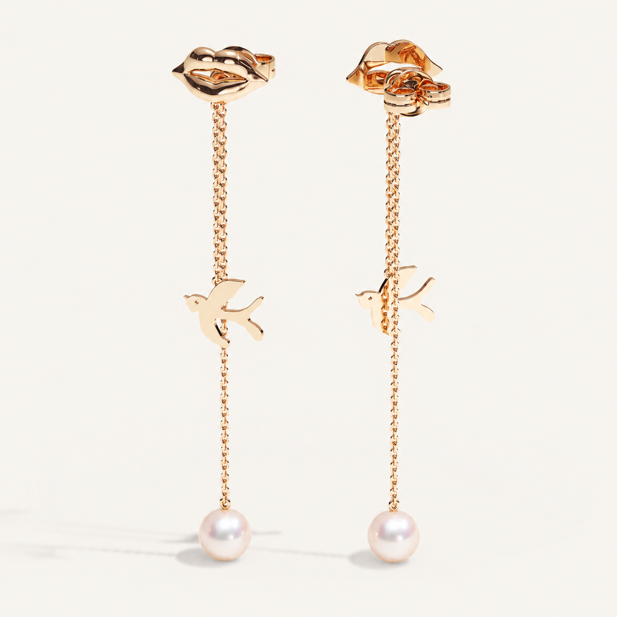 V-Zone Little Nomad Chain Ear Pendants — Akoya pearls, front and rear view