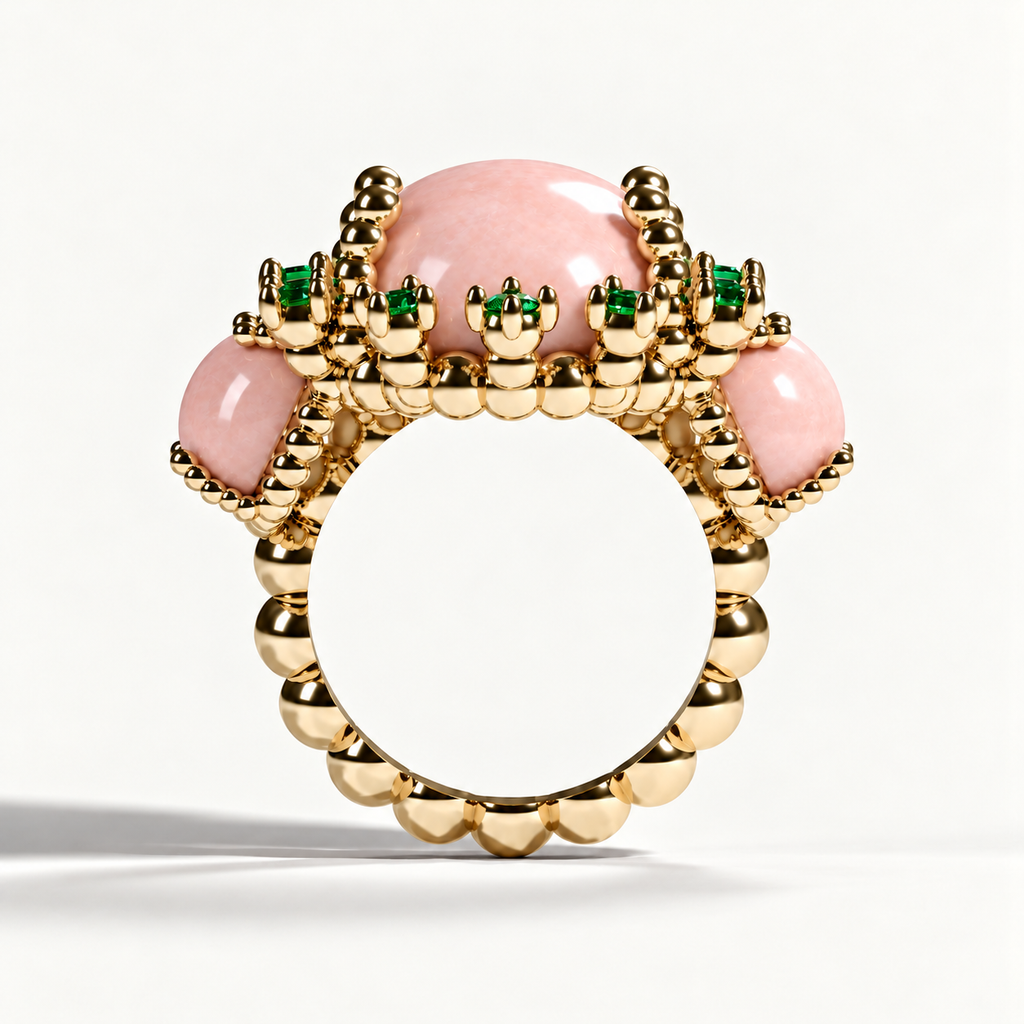 Molecule pink opal and emerald ring — side view