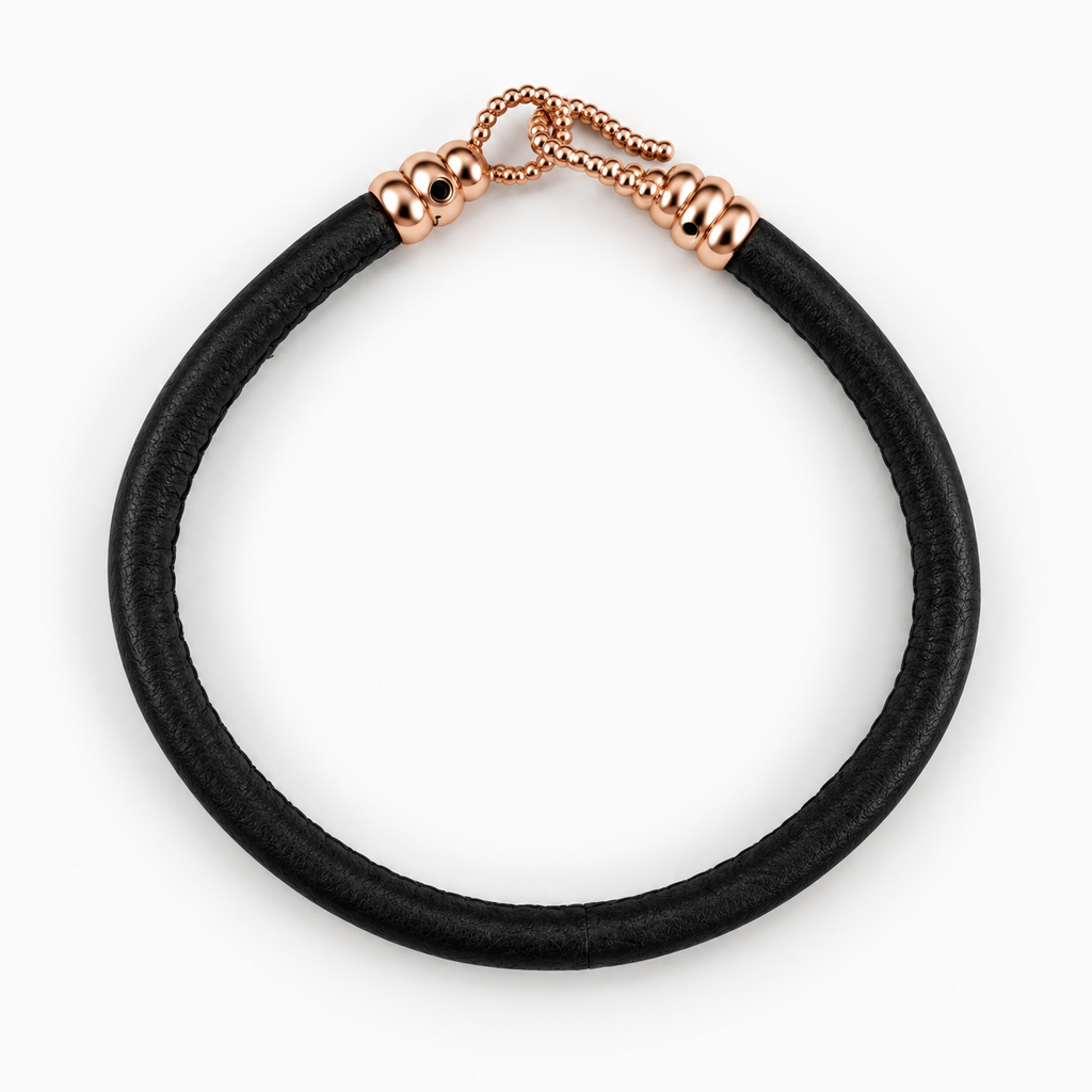 Molekule Hook Bracelet in Classic Black European calfskin with 9K rose gold hook, overhead view