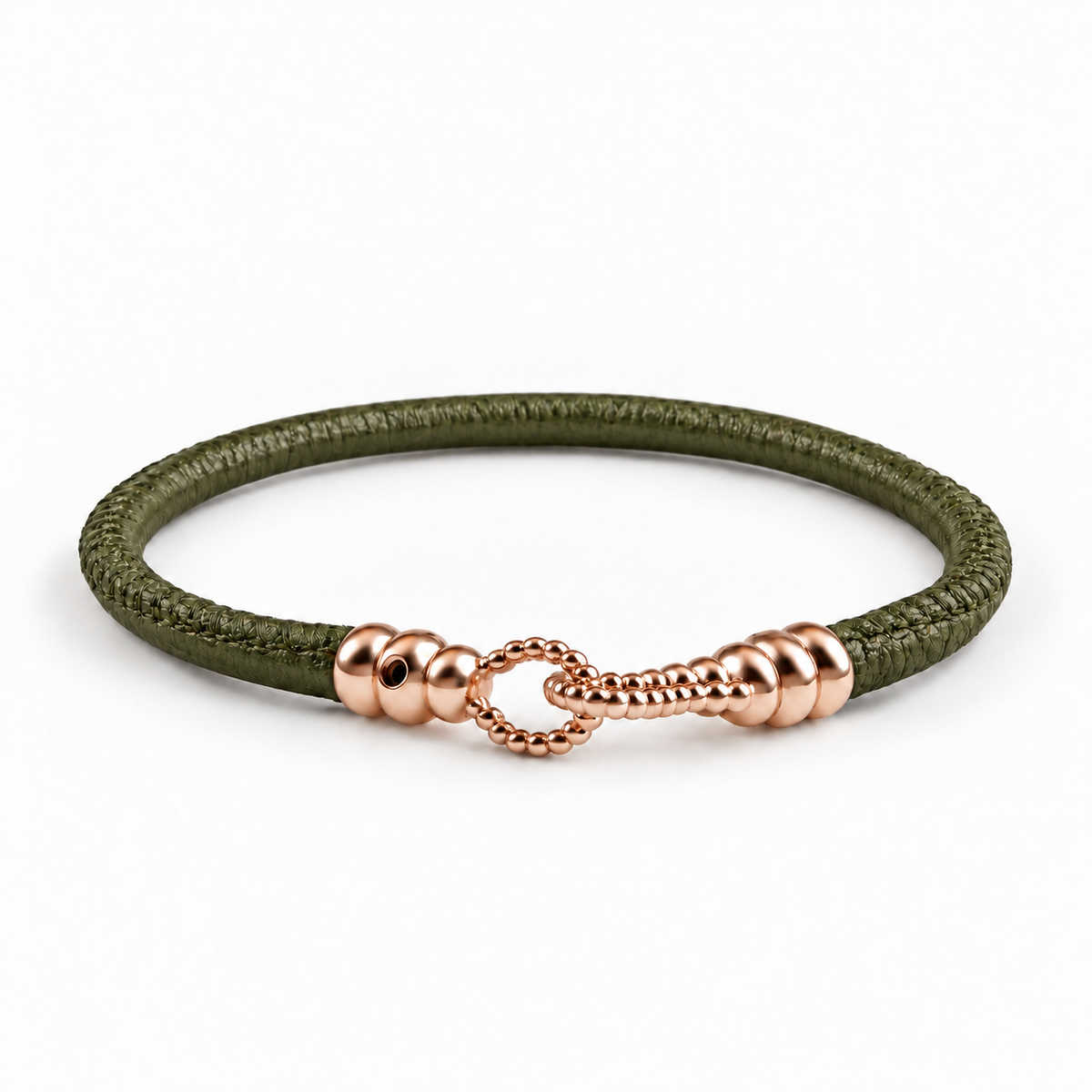 Molekule Hook Bracelet in Olive Green European calfskin with 9K rose gold hook, front view