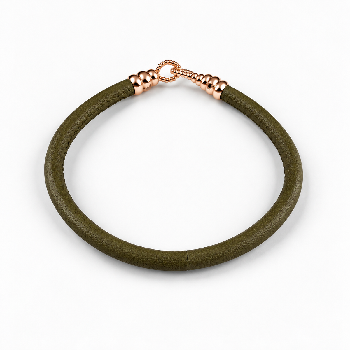 Molekule Hook Bracelet in Olive Green European calfskin with 9K rose gold hook, overhead view