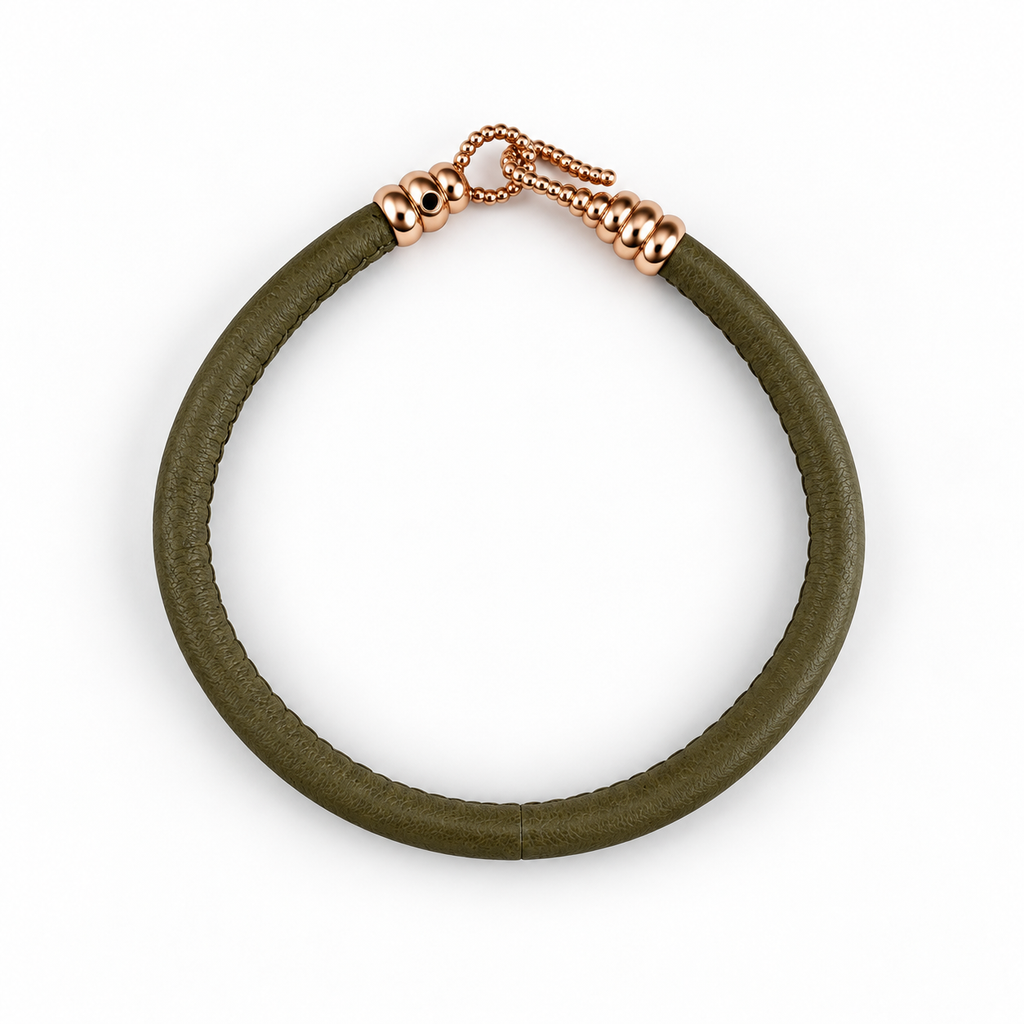 Molekule Hook Bracelet in Olive Green European calfskin with 9K rose gold hook, overhead view
