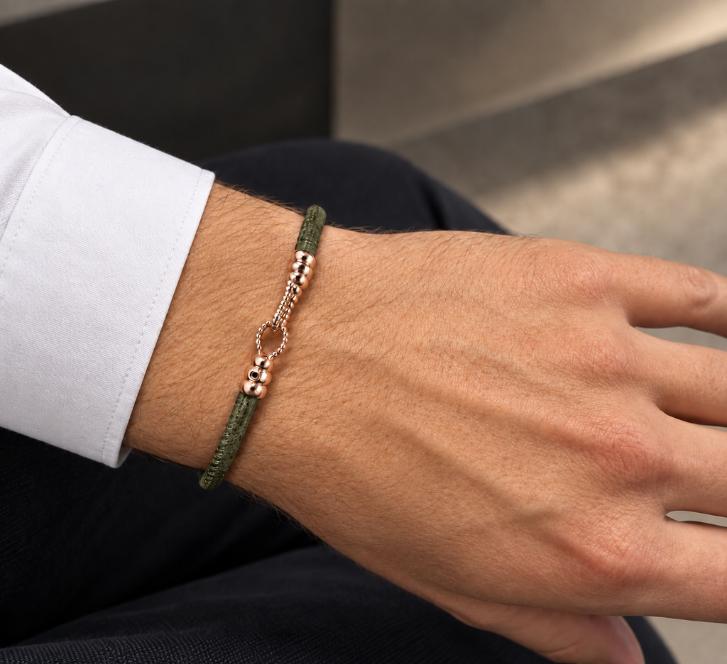 Molekule Hook Bracelet in Olive Green European calfskin with 9K rose gold hook, worn on the wrist