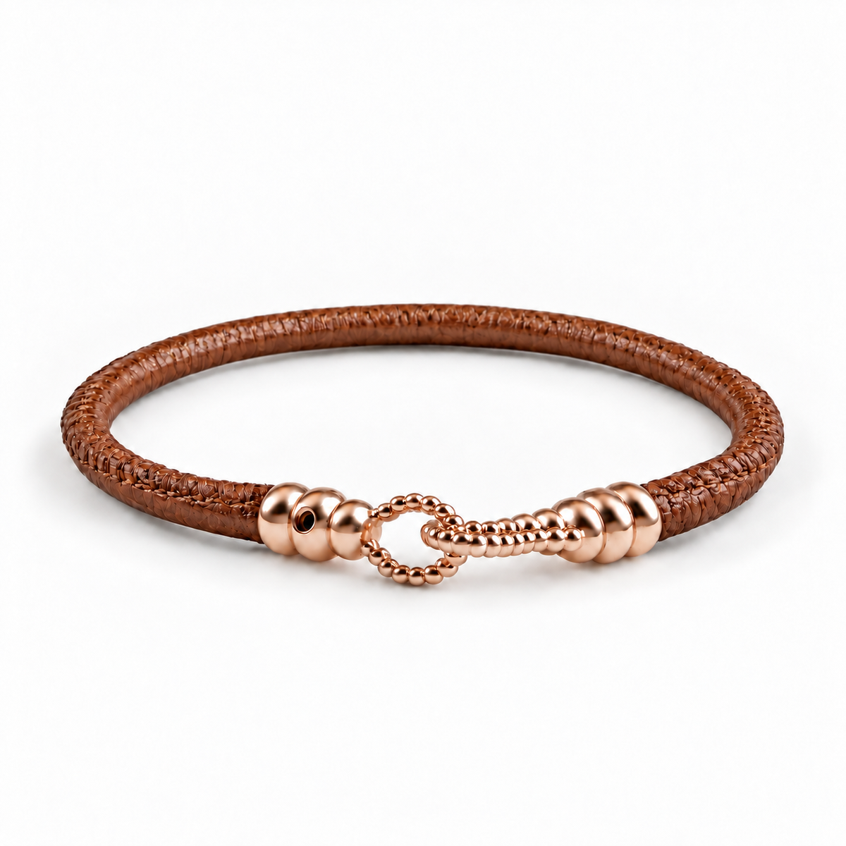 Molekule Hook Bracelet in Tobacco Brown European calfskin with 9K rose gold hook, front view