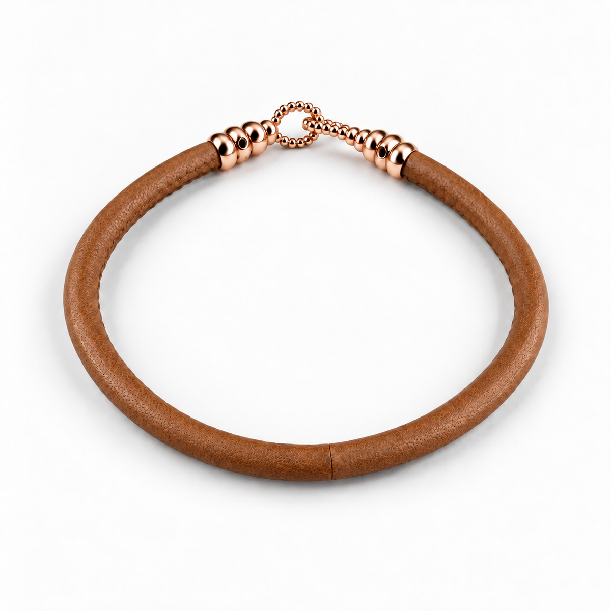 Molekule Hook Bracelet in Tobacco Brown European calfskin with 9K rose gold hook, overhead view
