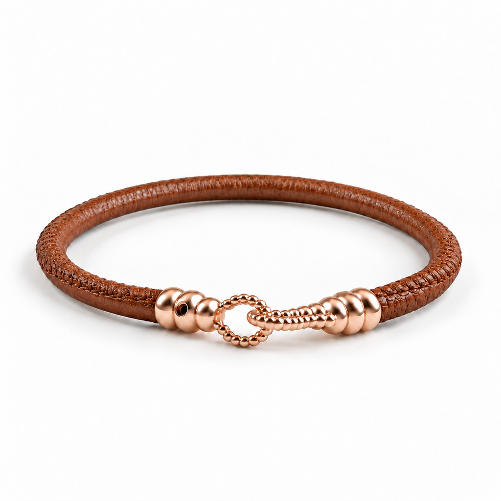 Molekule Hook Bracelet in Tobacco Brown European calfskin with 9K rose gold hook, front view