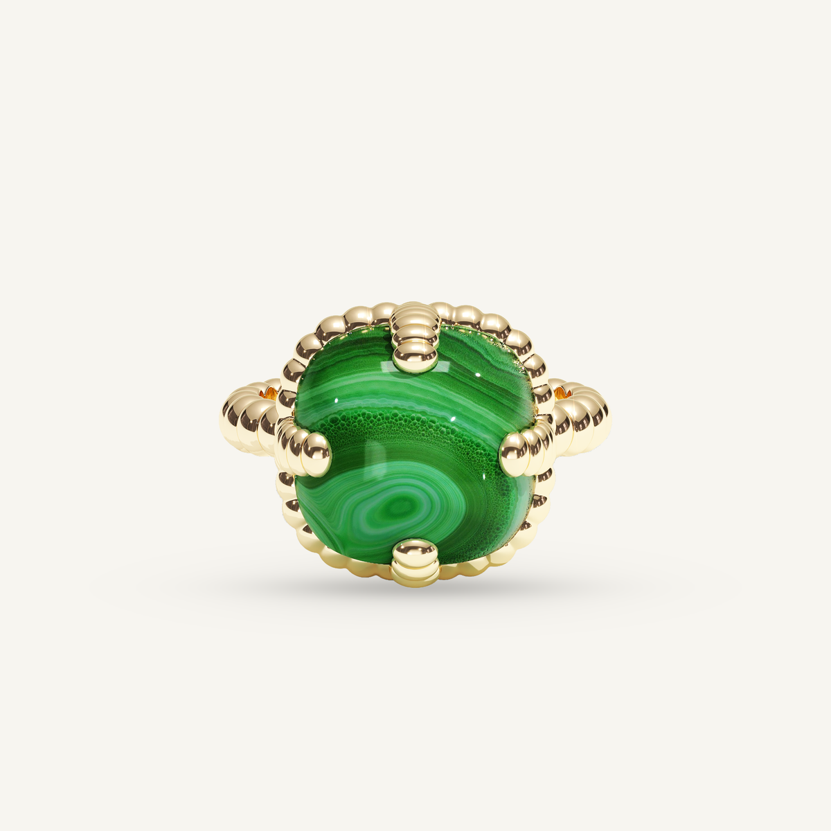 Molekules ring in yellow gold with cushion-shaped malachite, front view